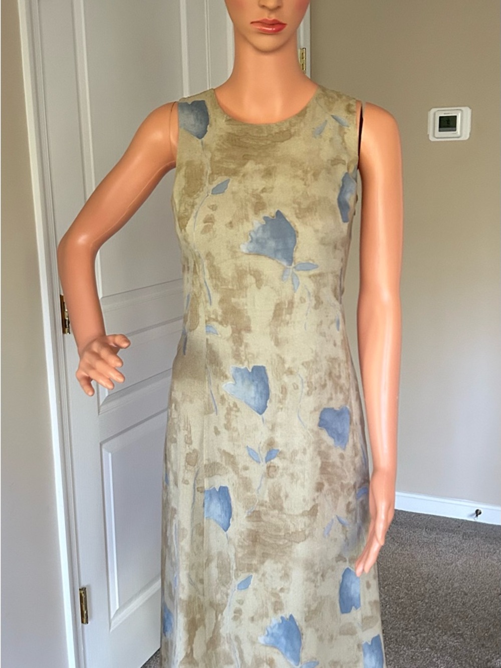 Armani Collezioni Cream and Light Blue Sleeveless Floral Midi Dress